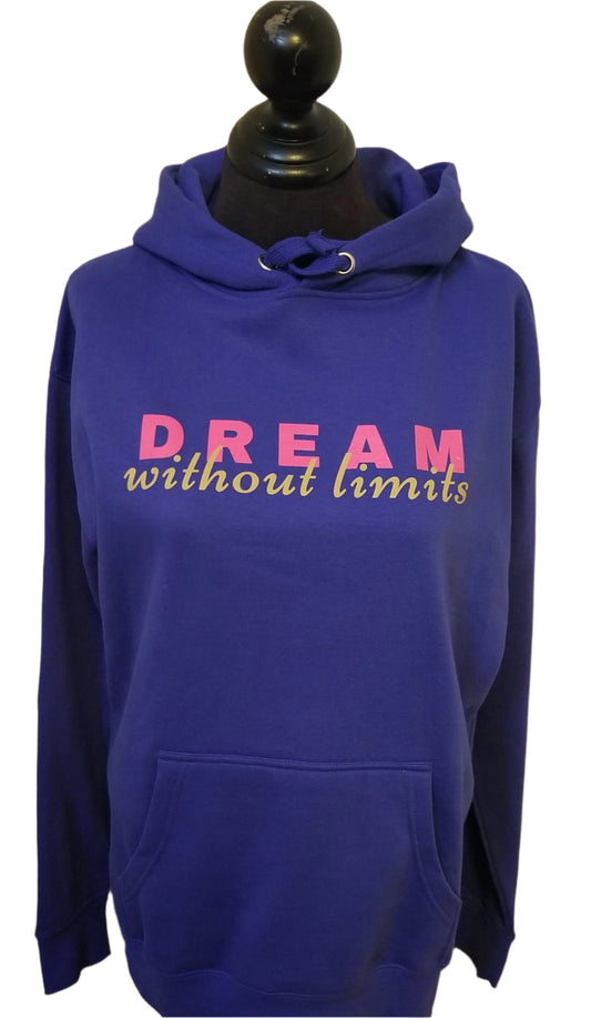 Front view of Blue Hoodie with pink and gold writing