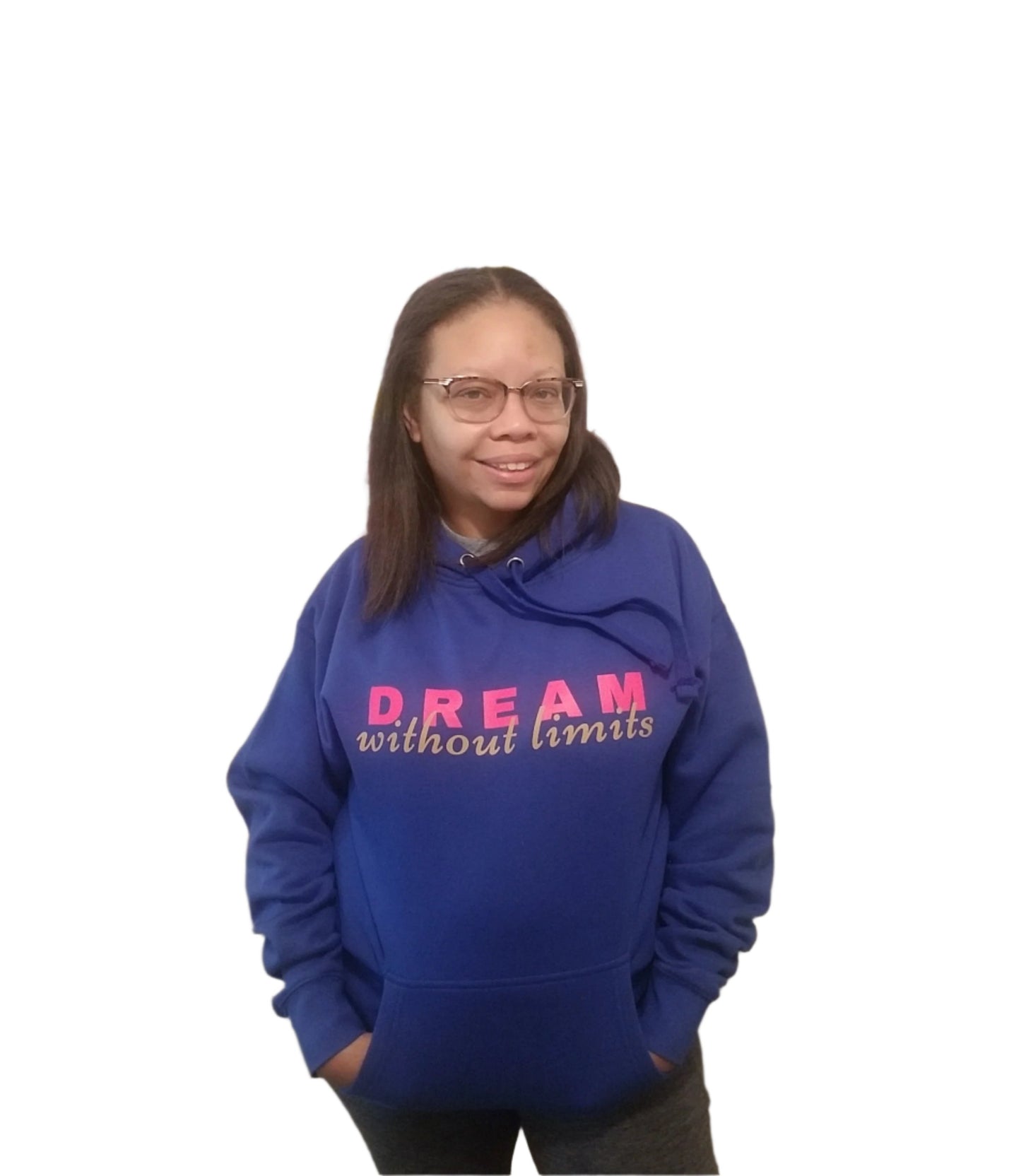 Woman wearing Blue hoodie in size medium