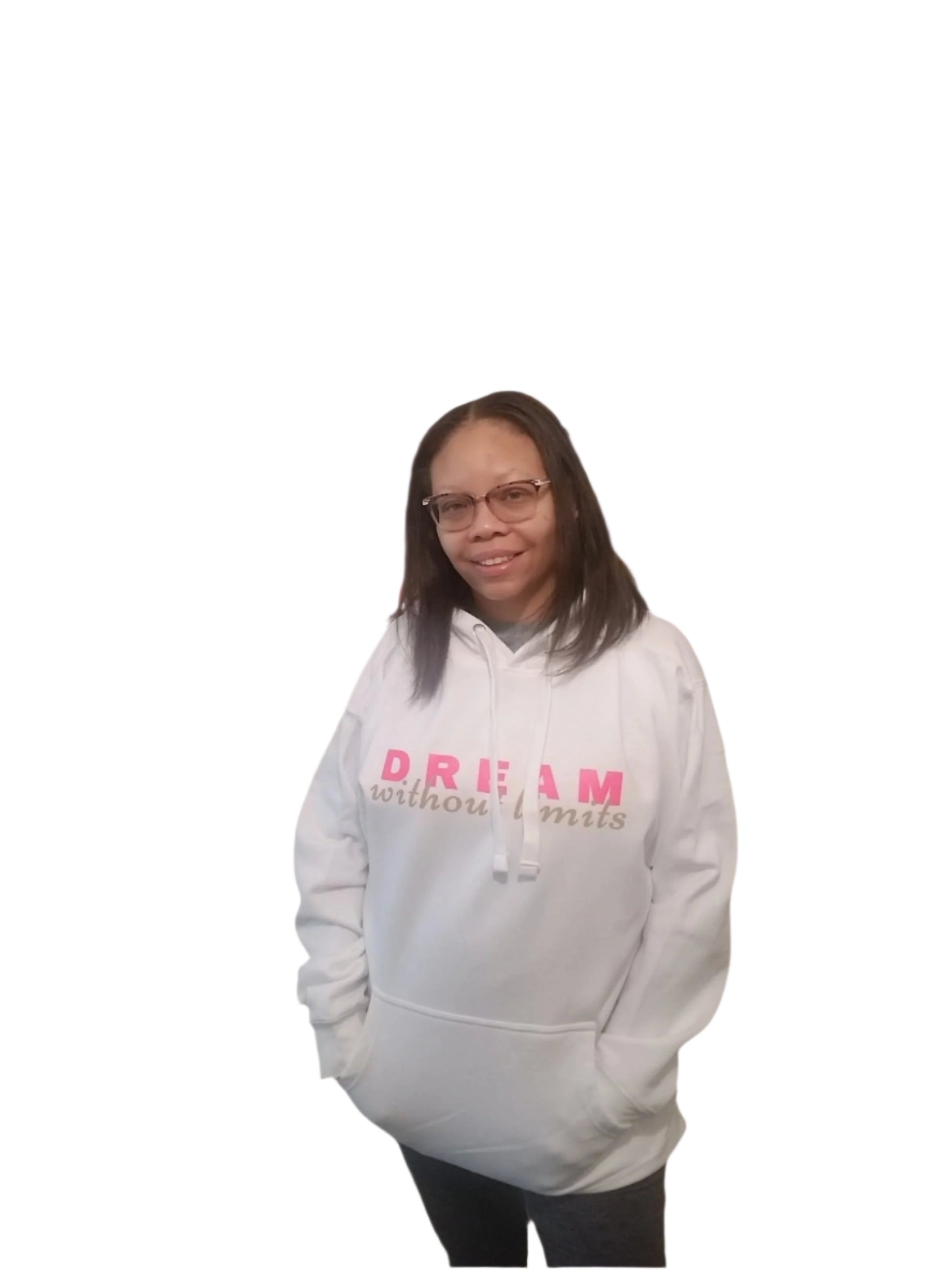 Woman wearing size large white hoodie.